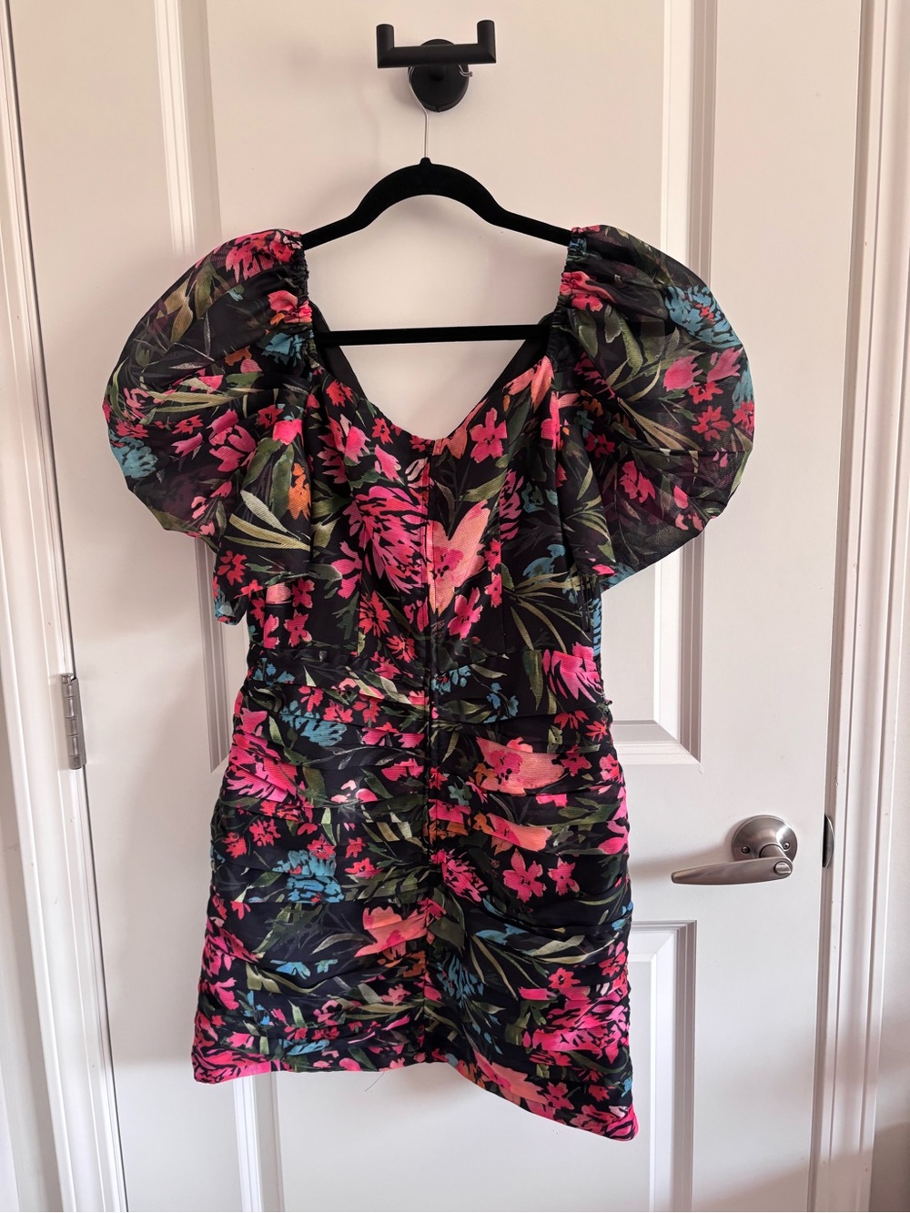C/MEO Collective Black Floral Wrap-Style Dress with Pink & Green Blooms